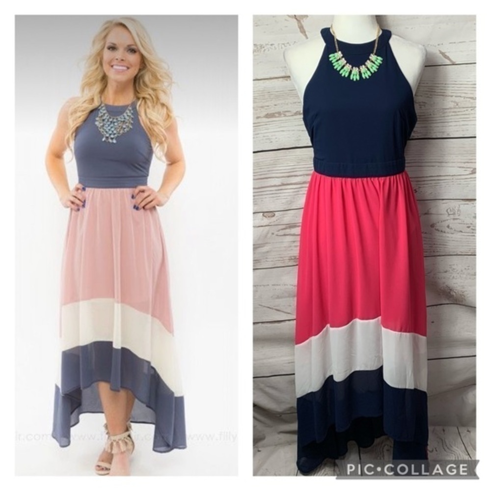 Filly Flair Halter Colorblock High Low Maxi Dress